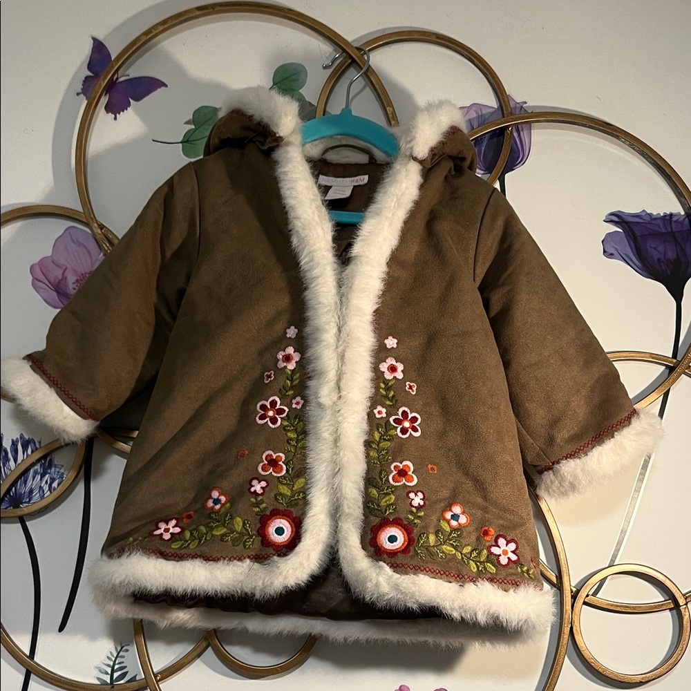 H&M Brown Kids Coat with Floral Embroidery